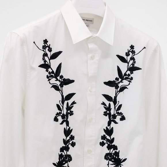 Alexander McQueen Mens Floral Embroidered White Button-Up - Picture 3 of 14